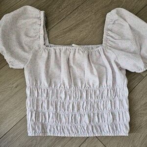 Pink Smocked Puff-Sleeve Crop Top with Square Neckline